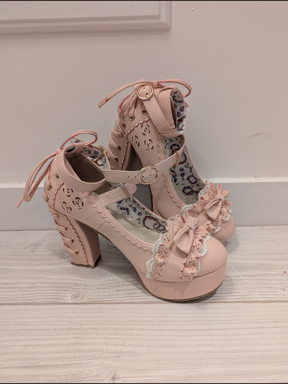 Women's Pink Lace-Up Bow Platform Heels
